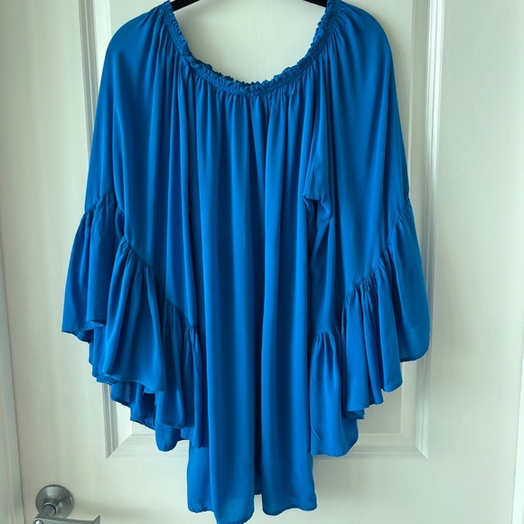Elan Royal Blue Flowy Off-Shoulder Top with Ruffle Sleeves – One Size - Picture 7 of 7